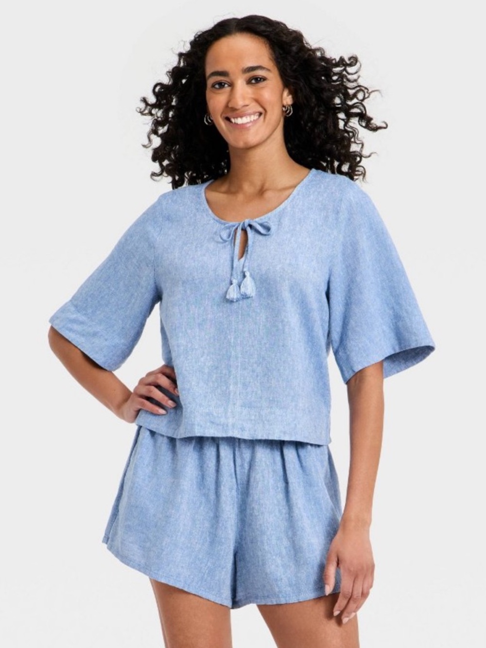 Universal Thread™ Women's Bell Elbow Sleeve Keyhole Peasant Top - Chambray - S